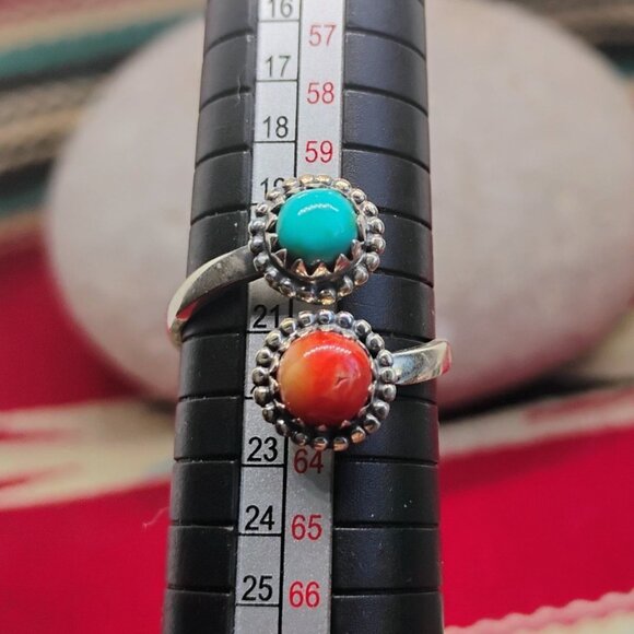 Southwest Sterling Silver Adjustable Bypass Ring Orange Spiny Oyster Turquoise - Picture 2 of 5